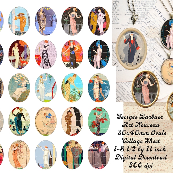 Vintage Georges Barbier Oval 30X40mm Collage, Printable Download, Necklace, Bottle Caps, Cabochons, Scrapbooking, Fashion, Commercial OK