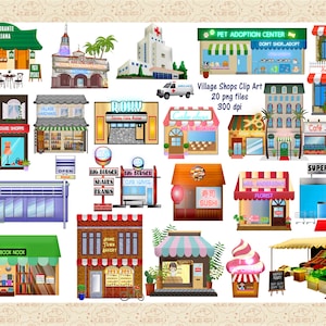 Tiendas del pueblo con imágenes prediseñadas de neón, teatros, restaurantes, hospitales, tiendas de rescate de mascotas, mercados, librerías, pastelerías, panaderías, tiendas de ropa, B&B