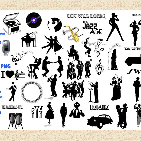 The Fabulous 40's Silhouettes AI EPS (No SvG) & PNG, 1940s Clip Art, Swing Dance, Big Bands ClipArt, Saxophone, Mobster Cars, Commercial 0K