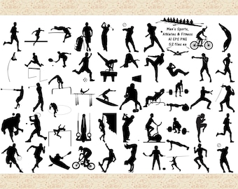 Könnte beinhalten: Ein Schwarzweiß-Silhouetten-Bildset mit 52 Männern, die Sport treiben, Athleten und Fitnessaktivitäten. Das Set enthält eine Vielzahl von Sportarten, darunter Golf, Tennis, Baseball, Basketball, American Football, Fußball, Schwimmen, Radfahren und Gewichtheben. Das Set enthält auch eine Vielzahl von Fitnessaktivitäten wie Laufen, Springen, Dehnen und Yoga.