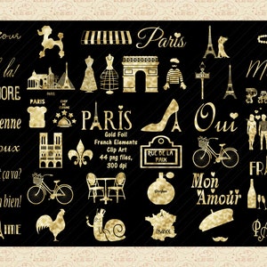 May include: Gold foil clip art featuring French-themed illustrations, including the Eiffel Tower, a baguette, a snail, a high heel, and the words "Paris" and "Oui".