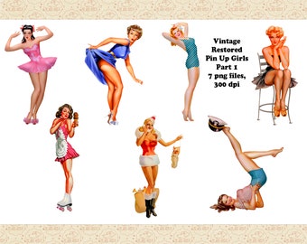 Vintage Pin Up Girls ClipArt, restaurerad PNG-grafik (300 dpi)