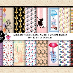 VENTE 99 CENTS Alice au pays des merveilles variété de papiers numériques, Alice et lapin, motif chat du Cheshire, chapelier fou. Tea Party Alice, Commercial OK