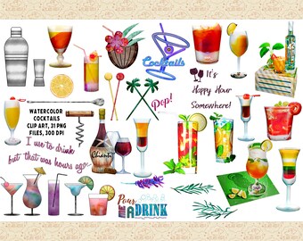 Watercolor Cocktail Clipart, Bar Drinks Graphics (31 PNG)