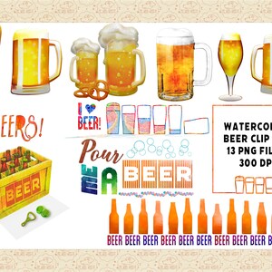 May include: Watercolor clipart set of 13 beer-themed illustrations, including mugs, glasses, bottles, and a crate of beer. The set is perfect for creating digital or printed designs.