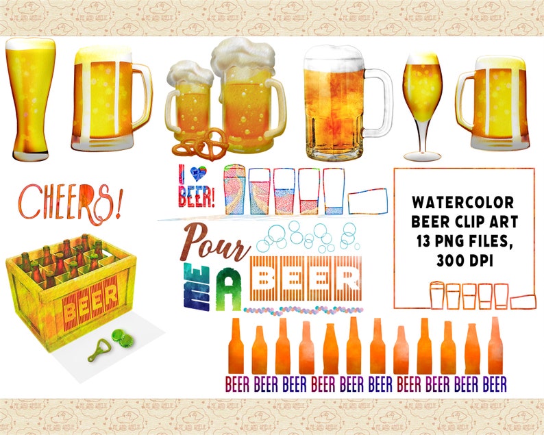 May include: Watercolor clipart set of 13 beer-themed illustrations, including mugs, glasses, bottles, and a crate of beer. The set is perfect for creating digital or printed designs.