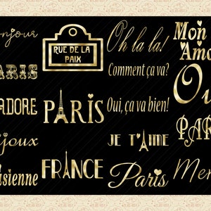 May include: Gold glitter text on a black background with French phrases and words like "Bonjour", "Paris", "J'adore", "Oui", "Mon Amour", "Je t'aime", "France", "Merci", and "Parisienne".
