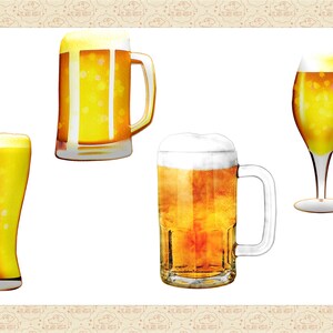 May include: Four different glasses of beer, including a tall glass, a mug, and two different styles of beer glasses. The beer is a light golden color and the glasses are clear.