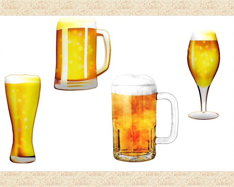 May include: Four different glasses of beer, including a tall glass, a mug, and two different styles of beer glasses. The beer is a light golden color and the glasses are clear.