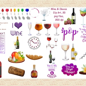 Clip Art de vino y queso, PLUS Bonus CLIPART, Funny Wine Word Art, Wine Glass ClipArt, Cheese ClipArt, Bread ClipArt, Cork, Comercial OK