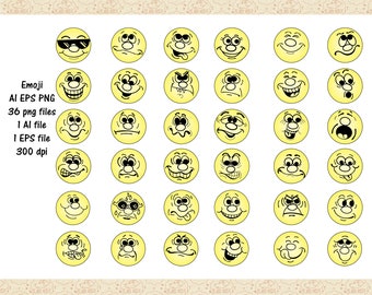 VENTE, Prix spécial, Seulement 99 Cents, Emojis AI EPS (No SvG) & PnG, Émoticône diverse, Happy Face, 1970s Happy Face, Angry Face, Commercial 0K