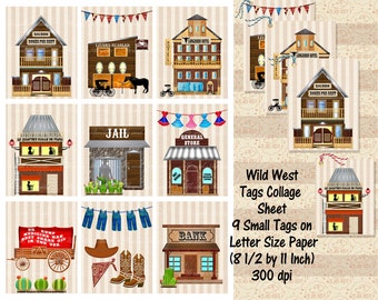 Wild West Gift Tag Collage Sheet, Cowboy Tags (Digital Download)