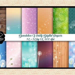 Dandelions Unique Variety Digital Papers, Flying Dandelions, Dandelions on Wood Papers, Rústico, Fundo de Fazenda, Shabby Chic