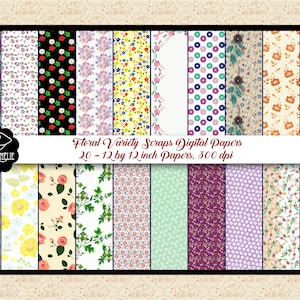 May include: A set of 20 digital papers featuring floral patterns in various colors. Each paper is 12 inches by 12 inches and 300 dpi.