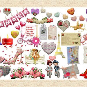 ClipArt français vintage de la Saint-Valentin, éphémères français, angelots vintage, mots français conversation coeurs, coeurs gonflés, tour Eiffel, cartes postales