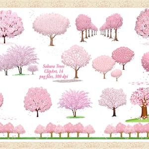 Sakura Japanese Cherry Blossom Tree Clip Art, Springtime Trees, Pink Blossom Trees, Tree Grove ClipArt, Commercial OK image 1