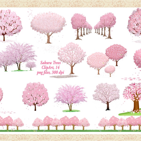Sakura Japanese Cherry Blossom Tree Clip Art, Springtime Trees, Pink Blossom Trees, Tree Grove ClipArt, Commercial OK