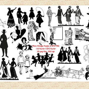Vintage People & Silhouettes AI EPS (No Svg) PNG,Retro ClipArt, Children Silhouettes, Vintage Vector, Cowboy ClipArt, LineArt, Commercial 0K