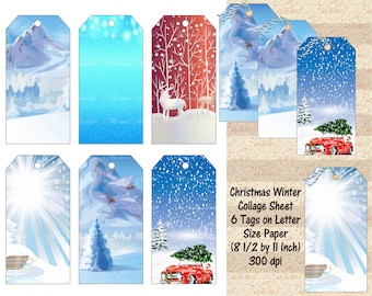 Christmas Winter Snow Gift Tag Collage Sheet, Gift Card Making, 6 tags on one Letter Size Paper, Print and Cut, Junk Journals, Commercial OK