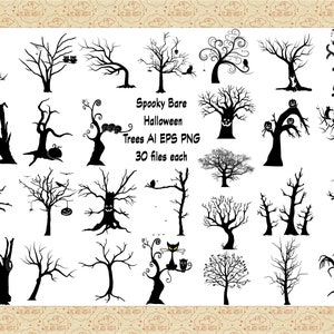 May include: A set of 30 spooky bare Halloween tree silhouettes in black. The trees are in various styles, including twisted branches, spooky faces, and owls. The text "Spooky Bare Halloween Trees AI EPS PNG 30 files each" is at the bottom of the image.