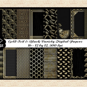 VERKOOP 99 CENT Zwart en goudfolie verscheidenheid digitaal papier, zwart papier scrapbooking, goudfolie patronen, overgebleven papier, commercieel OK