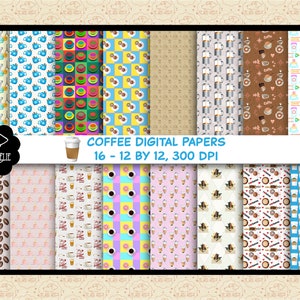 May include: Set of 16 digital coffee themed papers, each 12 inches by 12 inches, 300 DPI. The papers feature various patterns including coffee cups, donuts, and coffee beans.