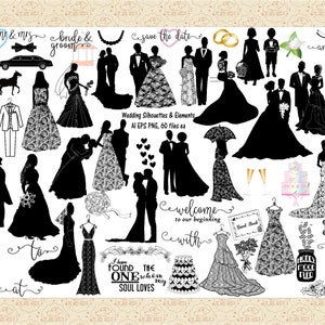 Sagome di nozze AI (non in formato SVG) e PnG, abito da sposa in pizzo, sposa sposo, torta nuziale, gazebo, chiesa, auto appena sposata, giarrettiera, ragazzo, ragazza