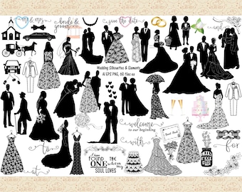 Imágenes prediseñadas de siluetas de boda, gráficos vectoriales de novios, AI, EPS, PNG, 60 archivos