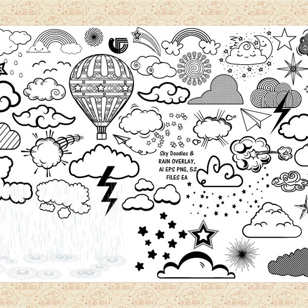 Sky Doodles AI EPS (Not SvG) & PNG Files, Sky Elements, Sun, Clouds, Rain Overlay, Rainbows, Shooting Stars, Hot Air Balloon, Commercial 0K