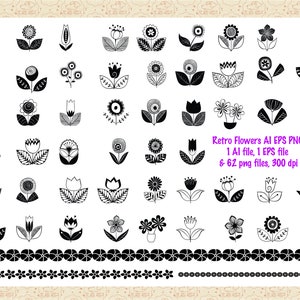 May include: A set of 62 black and white retro flower illustrations. The flowers are in various styles, including simple, geometric, and whimsical. The illustrations are perfect for use in digital and print projects.