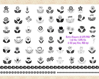 Retro Flower Clipart, Mid Century Modern Floral Graphics (PNG, EPS, AI)