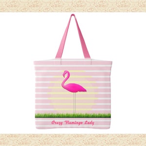 May include: Pink and white striped tote bag with a pink flamingo illustration and the text "Crazy Flamingo Lady".