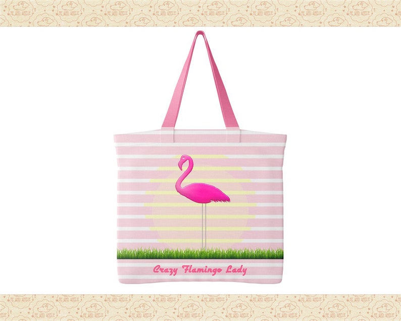 May include: Pink and white striped tote bag with a pink flamingo illustration and the text "Crazy Flamingo Lady".