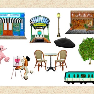 May include: A collection of Parisian-themed illustrations, including a bakery, a metro station, a cafe, a tree, a poodle, a beret, and a train. The illustrations are in a cartoon style and feature bright colors.