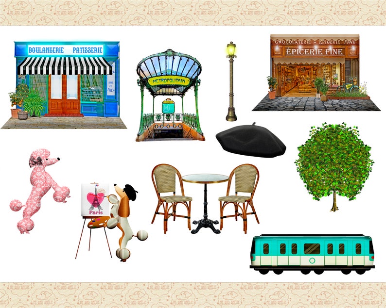 May include: A collection of Parisian-themed illustrations, including a bakery, a metro station, a cafe, a tree, a poodle, a beret, and a train. The illustrations are in a cartoon style and feature bright colors.