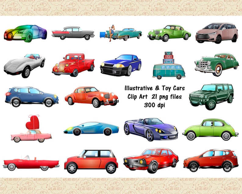 Pu&ograve; includere: Un set di 21 immagini clipart di auto giocattolo in vari colori e stili. Le auto sono tutte su uno sfondo bianco. Le immagini sono a 300 dpi e sono perfette per l'uso in progetti digitali.