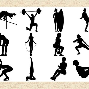 Pu&ograve; includere: Silhouettes di persone che partecipano a vari sport e attivit&agrave;, tra cui salto con l'asta, sollevamento pesi, salto alla corda, surf, calcio, squat, canottaggio e yoga.