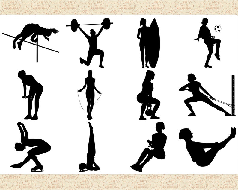 Pu&ograve; includere: Silhouettes di persone che partecipano a vari sport e attivit&agrave;, tra cui salto con l'asta, sollevamento pesi, salto alla corda, surf, calcio, squat, canottaggio e yoga.