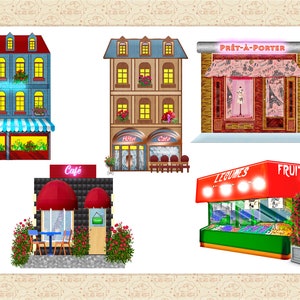 May include: A digital illustration of a street scene with five different shops. The shops include a hotel, a cafe, a clothing store, a fruit and vegetable stand, and a cafe with a red awning. The shops are all brightly colored and have a cartoonish style.