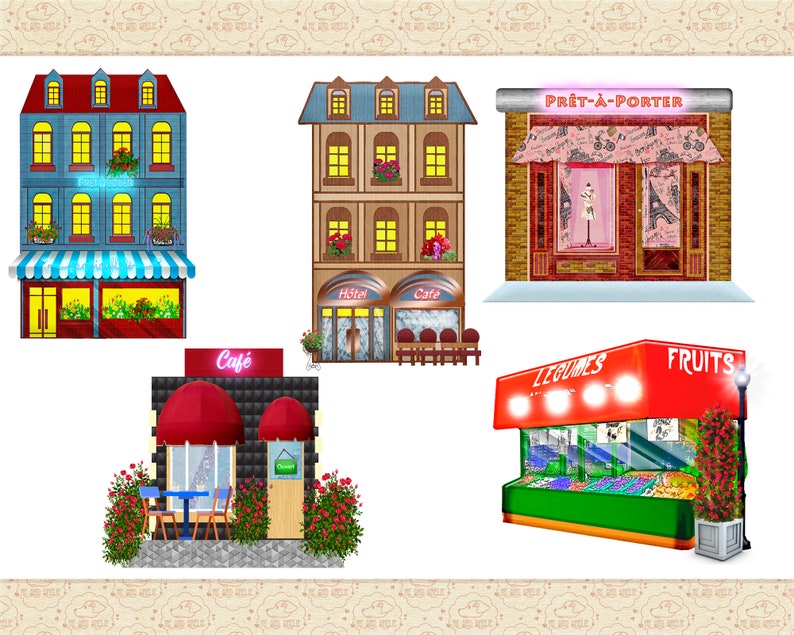 May include: A digital illustration of a street scene with five different shops. The shops include a hotel, a cafe, a clothing store, a fruit and vegetable stand, and a cafe with a red awning. The shops are all brightly colored and have a cartoonish style.
