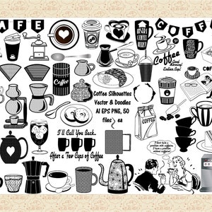 May include: Black and white vector illustrations of coffee related items, including coffee cups, coffee makers, coffee beans, and text that says "Coffee and Books = Love".