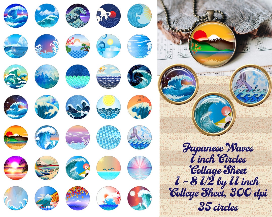 Japanese Waves 1 Inch 25mm Circles Variety Digital Collage - Etsy
