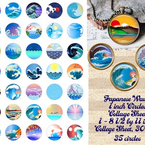以下が含まれることがあります： 直径2.5cmの日本の波をテーマにした円が35個入ったデジタルコラージュシート。シートのサイズは21.6cm×27.9cmで、解像度は300dpiです。