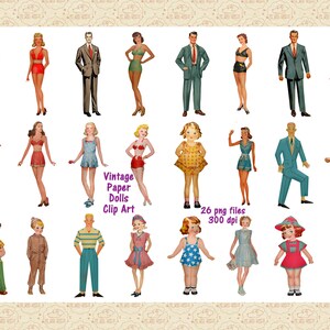 May include: A set of 26 vintage paper dolls, featuring a variety of characters in different outfits. The dolls are all dressed in 1950s style clothing, including dresses, skirts, pants, and shirts. The dolls are perfect for playing dress-up or creating your own stories.