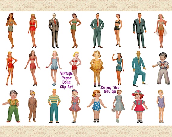 Retro Paper Dolls Clip Art, Mid Century Fashion (PNG)