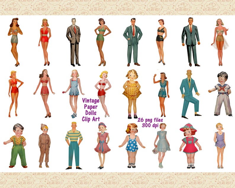 May include: A set of 26 vintage paper dolls, featuring a variety of characters in different outfits. The dolls are all dressed in 1950s style clothing, including dresses, skirts, pants, and shirts. The dolls are perfect for playing dress-up or creating your own stories.
