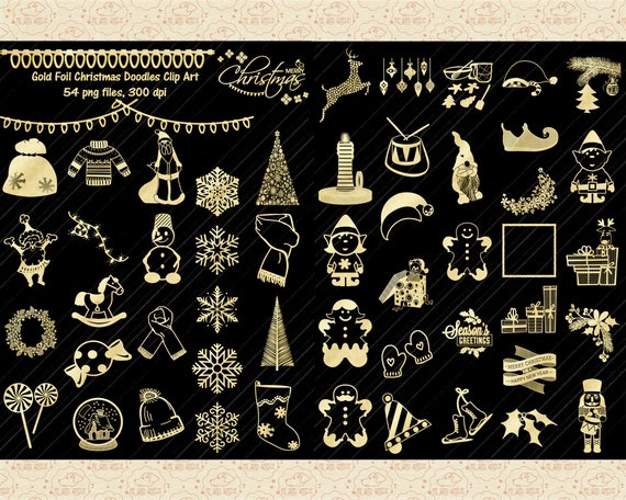 Gold Foil Christmas Doodles Clipart (PNG Files)