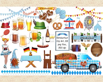 Oktoberfest Clip Art, Bavarian, Beer Garden, German Holiday, Oktoberfest Pick up Truck, Blue & White, German Flag, Oktoberfest Lederhosen