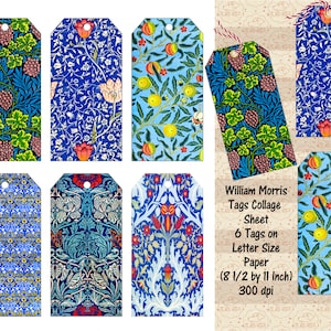 Folha de colagem de etiquetas para presentes William Morris BLUES, domínio público CC0, 6 etiquetas em um papel tamanho carta, impressão e corte, diários indesejados, comercial OK