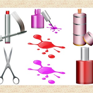 Peut inclure: Un ensemble de produits de beaut&eacute; comprenant du vernis &agrave; ongles, du mascara, des ciseaux et un flacon pulv&eacute;risateur. Le vernis &agrave; ongles est de couleur rose, rouge et violet. Le mascara est argent&eacute; avec une brosse noire. Les ciseaux sont argent&eacute;s. Le flacon pulv&eacute;risateur est rose avec un bouchon argent&eacute;. Il y a &eacute;galement des &eacute;claboussures de peinture rose, rouge et violette sur le fond blanc.